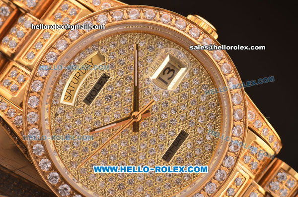 Rolex Day-Date Oyster Perpetual ETA Case Full Gold and Diamond with Diamond Dial - Click Image to Close